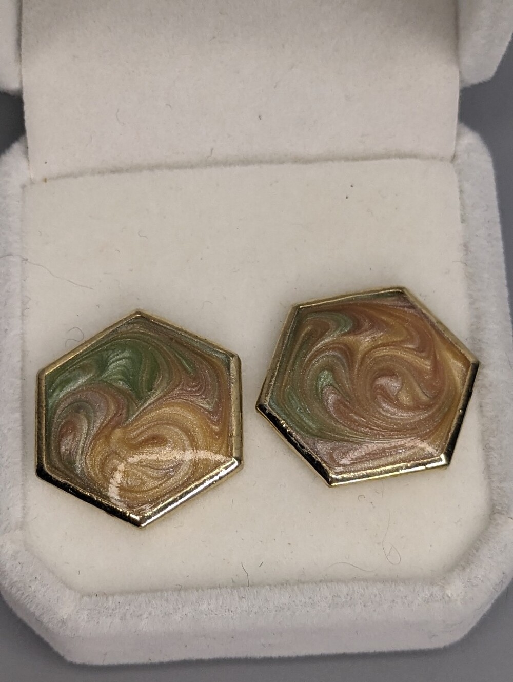 Vintage Hexagon Faux Enamel Earrings 1960s Retro Style Gold Tone Geometric